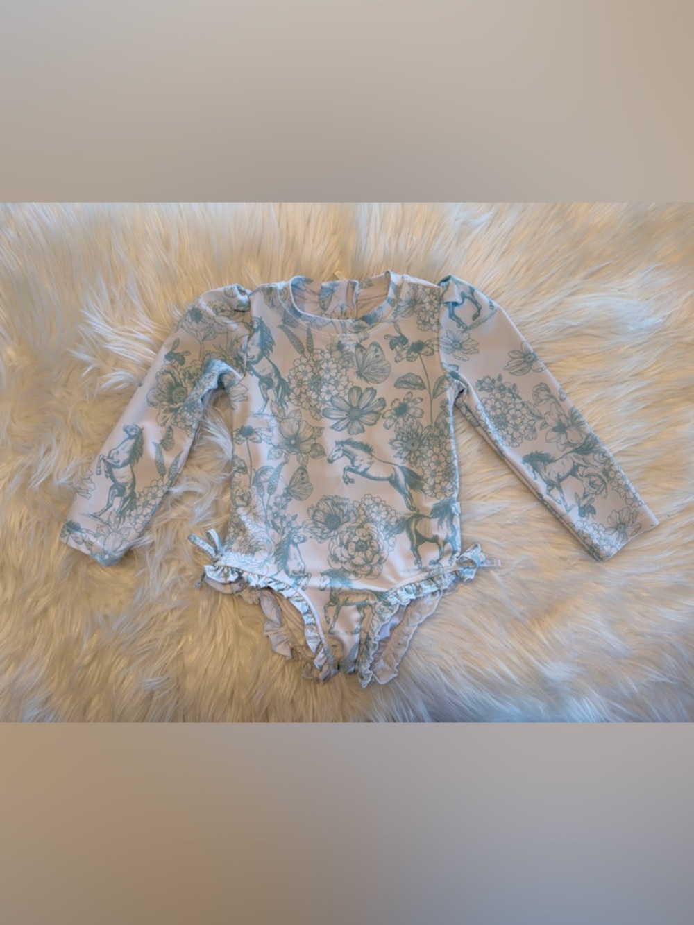 VGUC 3T Posh Peanut Blue Horses Floral Charlotte Anne 1-Piece Swimsuit Rashguard